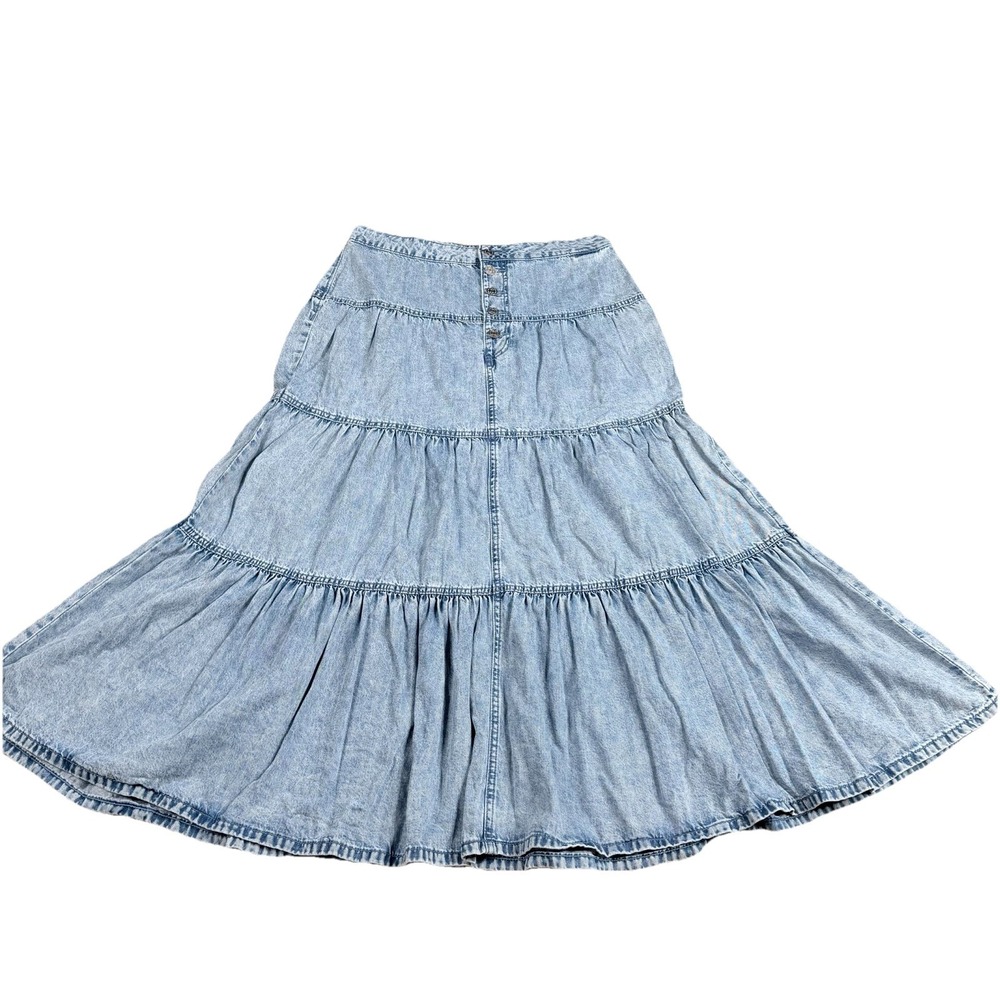 M Jeans By Maurice SZ-10 Long Modest Blue Jean Ruffle Maxi Denim Skirt‎ NWOT